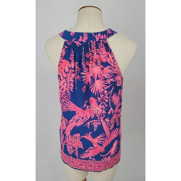 Lilly Pulitzer Silk Fushia Navy Bird Print Sleeveless Blouse High Low XS Preppy - Picture 5 of 12